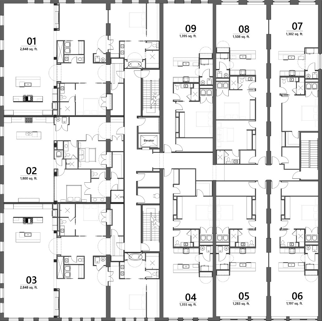 Architectural floor plan of the building level, showing nine residences and central elevator and stair core